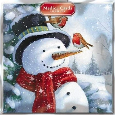 Image of Charity Festive Christmas Cards (CMHT011) Snowman and Robins Pack of 6 Sold in Aid Multiple Charities
