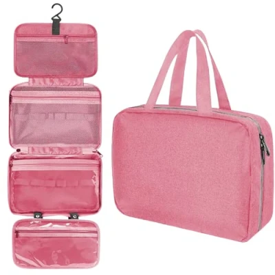 Image of ZiaWorld Travel Toiletry Bag with Hanging Hook, Waterproof Foldable Large Capacity Makeup Organizer, Women &amp; Men Toiletries for Full Sized Essential Accessories Cosmetics, Pink