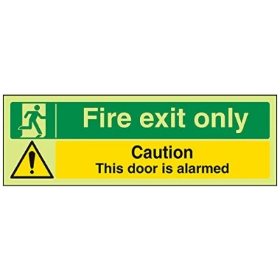 Image of V Safety Glow In The Dark Fire Exit Only/Door Alarmed Sign 300mm x 100mm Rigid Plastic