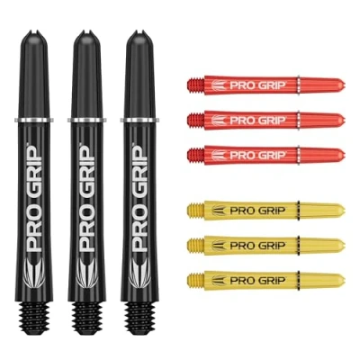 Image of TARGET Darts Pro Grip Shafts Set of 9 3 Colours, Black/Yellow/Red Intermediate, 41mm Dart Stems, Professional Accessories, 2BA Shaft Multipack with Rings