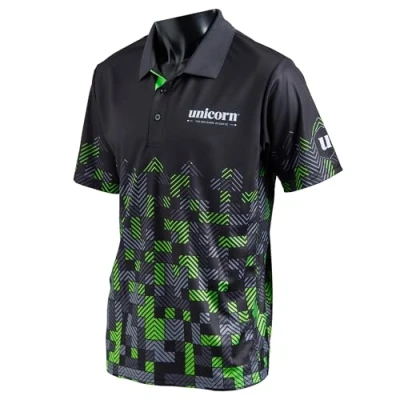Image of Unicorn Darts Shirt Pro Tech Digital Cool Breathable Soft Feel Micro Mesh 3 Tuk Polyester Black &amp; Green with White Text to Chest and Logo Left Sleeve XXXL fit 50 53 inches