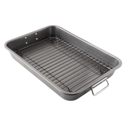 Image of Chef Pomodoro Nonstick Carbon Steel Roasting Pan Roaster with Flat Rack, 16 x 11 Inch (41cm 28 cm), Large, Grey, Bakeware Rectangular Oven BBQ Baking