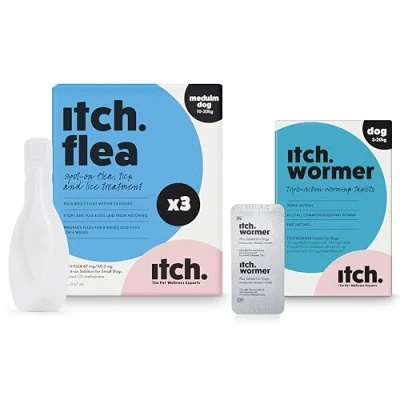 Image of Itch Medium Dog Flea &amp; Tick Treatment and Wormer Bundle for Dogs 10kg 20kg 3 Pipettes 2 Tablets