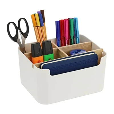 Image of Relaxdays Desk Organiser, 5 Compartments, Plastic and Wood, H x W D: 9,5 18 15 cm, White, 9.5 cm