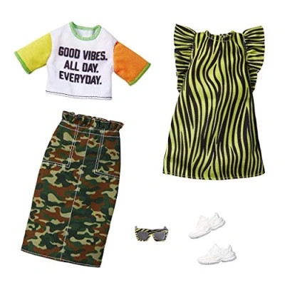 Image of Barbie Fashionistas Clothes Kit, 2 Outfits for Dolls Including Camouflage Skirt, T Shirt, Striped Dress and Accessories, Children&#039;s Toy, GHX67