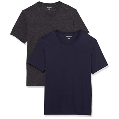 Image of Amazon Essentials Men&#039;s Short Sleeve V Neck T Shirts, Pack of 2, Navy/Charcoal Heather, S