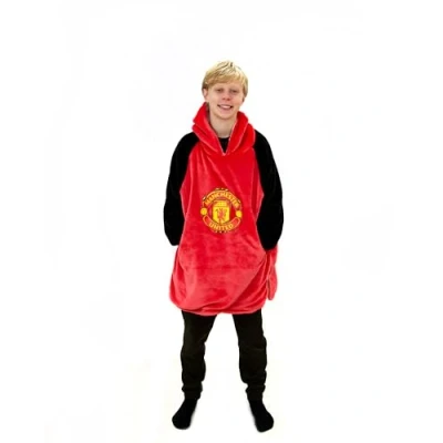 Image of Manchester United FC Hugzee Oversized Wearable Hooded Fleece Super Warm and Cosy Premium Sherpa Lined, Design Perfect For Kids Aged 7 12 Years, One Size Suggested Height 75cm+, Red