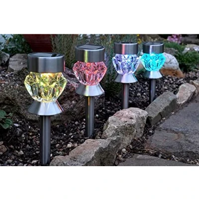 Image of Garden Mile Stainless Steel Crystal Stake Lights 4 Pack Colour Changing Solar Outdoor with LED Removable Plastic Top 6 Hours Illumination