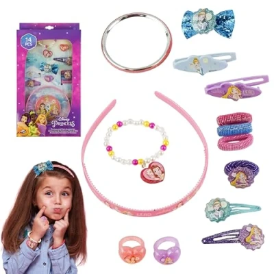 Image of 14Pcs Disney Princess Hair Accessories Set for Kids Bows, Brush, Clips, Ties with Frozen Charm, Styling Tools, Birthday Presents, Creative Gifts Girls Age 3+