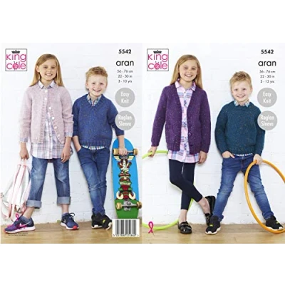 Image of King Cole 5542 Knitting Pattern Childrens Easy Knit Jumpers and Cardigans in Fashion Aran