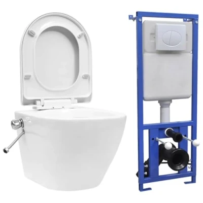 Image of vidaXL Wall Hung Rimless Toilet with Concealed Cistern, Ceramic White Soft Close Lid, Bidet Function, Water Saving, Easy Clean Surface and Durable Material