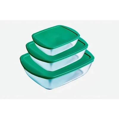 Image of Pyrex Cook and Store Set of 3 Rectangular Glass Food Preparation Storage Dishes with Lids (0.4L, 1.1L 2.5L) BPA Free, Kitchen, Roasting, Freezing (Green 3)