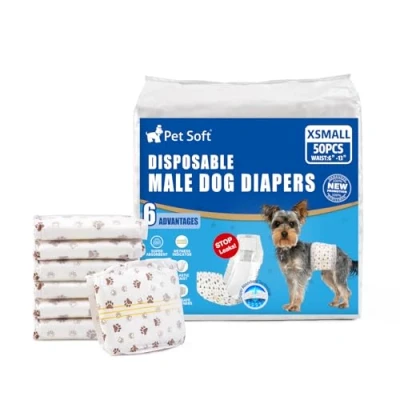 Image of Pet Soft Dog Nappies Male 50 Counts Disposable Wraps, Super Absorbent Puppy Diapers Incontinence Nappy Wraps with Wetness Indicator (XS Count)