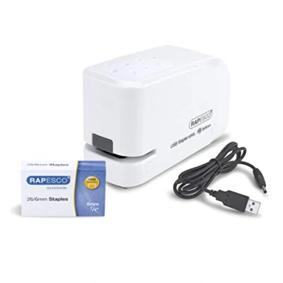 Image of Rapesco 1453 626EL Automatic USB/Battery Stapler with 1000 26/6mm Staples, 15 Sheet Capacity, White