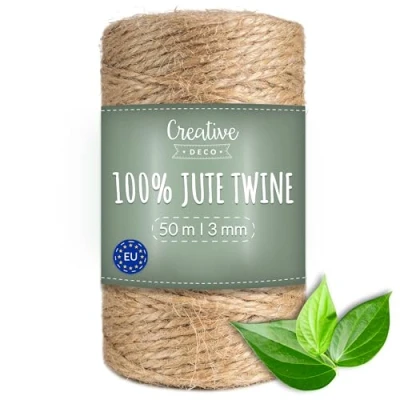 Image of Creative Deco 164 Feet Jute Twine Rope String Natural Brown 50 m Garden Roll 3mm Thickness 3 Ply Cord for Gardening Arts &amp; Crafts DIY Decoration Gift Wrapping Thick Strong