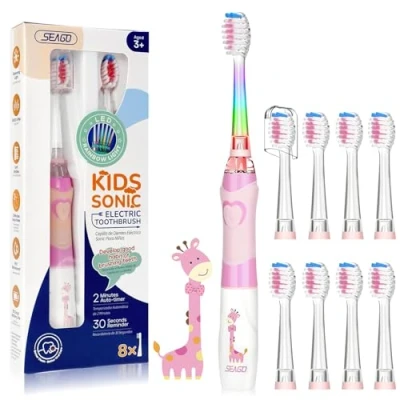 Image of Seago SG977 Kids Electric Toothbrushes Age 3+ Years Toddler Childrens Battery Toothbrush with Timer Colorful Flashing Light 8 Dupont Brush Heads for Childs Boys Girls Waterproof Deep Clean (Pink 8)