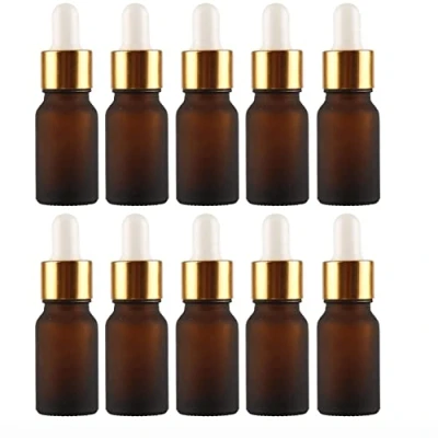 Image of JamHooDirect 10Pcs, 10ml Glass Dropper Bottles with Pipettes, Mini Empty for Essential Massage oils/Chemical Liquid (amber frosted clear/gold cap)