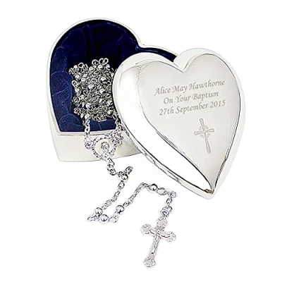 Image of Custom Personalised Cross Heart Trinket Box with Rosary Beads for Christening, Communion, Confirmation, Birth, Baptism Silver