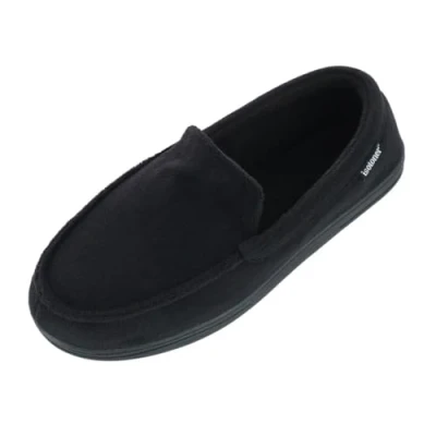 Image of isotoner Men&#039;s Microterry and Waffle Travis Moccasin Slippers with Memory Foam Insole Durable Rubber Outsole, Black, 7/8 UK