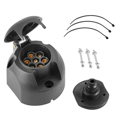 Image of SPARKMOTO 7 Pin Trailer Socket,12V 7Pin Female Socket With Mounting Rubber Gasket Kit, Towbar Towing Waterproof Connector Wiring For Car Semitrailer Motorhome (Side Flat)
