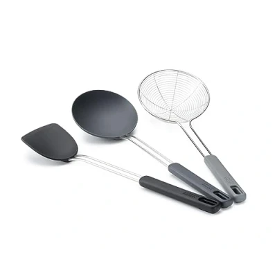 Image of Joseph Nest Fusion 3 piece Silicone and Stainless Steel Kitchen Wok Set, Silcone Turner, Spoon Wire Skimmer Strainer, BPA Free, Heat Resistant Non Stick, Black