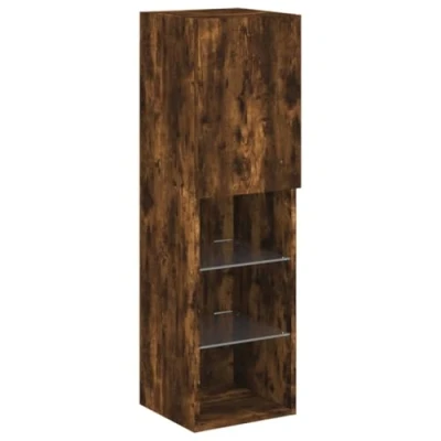 Image of vidaXL Smoked Oak TV Cabinet with LED Lights Wall Mounted Design Ample Storage Space Saving Media