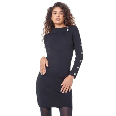 Image of Roman Originals Turtle Neck Button Detail Jersey Dress for Women UK Ladies Everyday Holiday Autumn Winter Pull On Long Sleeves Comfy Soft Evening Vacation Work Party Black Size 18