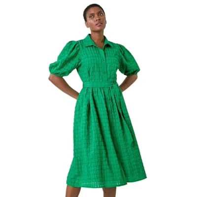 Image of Roman Womens Textured Puff Sleeve Midi Shirt Dress Green Size 10 UK