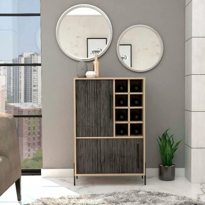 Image of Home Source Storage Cabinet, Drinks Bar Sideboard Cupboard, Grey Oak Effect Doors, 8 Bottle Rack, Engineered Wood, Medium