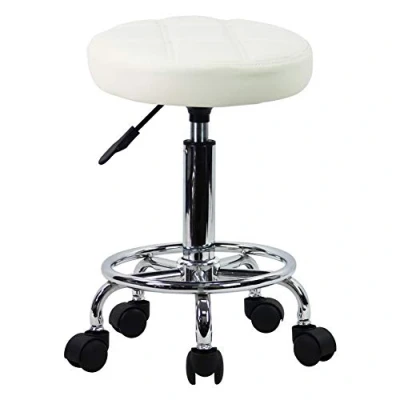 Image of KKTONER Round Rolling Stool Chair PU Leather Height Adjustable Swivel Drafting Work SPA Shop Salon Stools with Wheels Office Small (White)