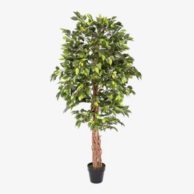 Image of HOMESCAPES 6 Feet Ficus Tree Green Real Wood Stems and Lifelike Leaves Replica Artificial Plant