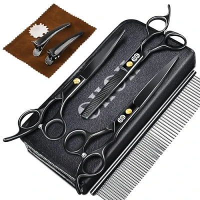 Image of CIICII Dog Grooming Scissors Kit, 7.8 Inch Professional Pet Set (Dog/Cat Hair Thinning Trimming Cutting Shears) with Curved for DIY Home Salon (Heavy Duty Black 9Pcs)