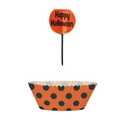 Image of Unique Party 62520 Orange and Black Polka Dot Halloween Cupcake Cases Toppers Kit for 24