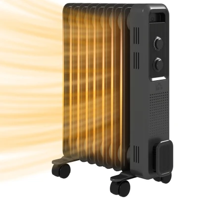 Image of HOMCOM 2000W Oil Filled Radiator, 9 Fin, Portable Electric Heater with 3 Heat Settings, Safety Cut Off and Wheels, Grey