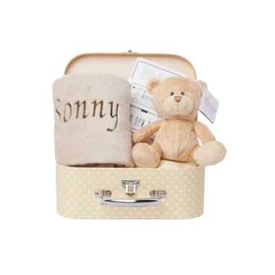 Image of Baby Box Shop Newborn Gift Set Teddy Bear, 16 x Milestone Cards &amp; Personalised Fleece Blanket Unisex Hamper for Shower Gifts Boys and Girls (Cream)
