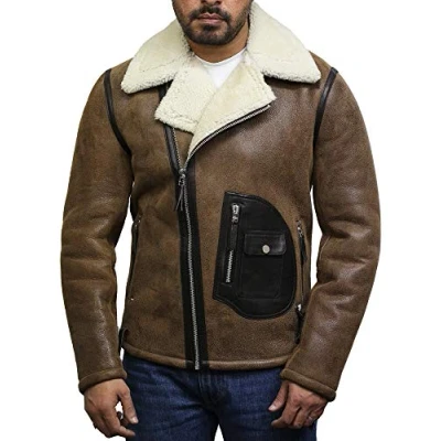 Image of BRANDSLOCK Men Aviator Real Shearling Sheepskin Leather Bomber Flying Jacket (L, Vintage Brown)