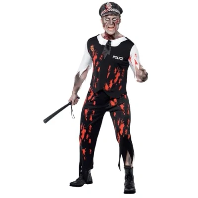 Image of Smiffys Zombie Policeman Costume, Black with Top, Tie, Latex Piece, Trousers &amp; Hat, Halloween Alley Fancy Dress, Dress Up Costumes