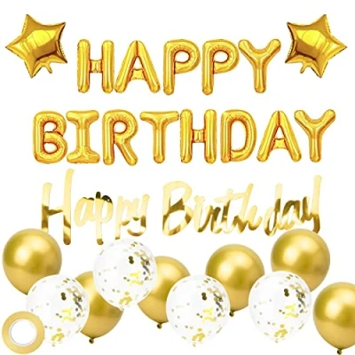 Image of Happy Birthday Balloons, Gold Balloons Banner Party Decoration, Foil Self Inflating with Latex Confetti for Birtyday Decorations.