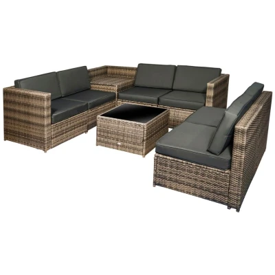Image of Outsunny 8 Pieces Outdoor PE Rattan Sofa Set with Cushions, Patio Garden Furniture Sets Glass Top Coffee Table, Storage Corner Mixed Brown