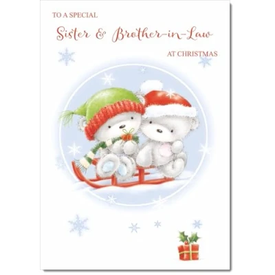 Image of doodlecards Sister and Brother in Law Christmas Card Cute Bears on Sled Medium Size for &amp; with Plain Envelope