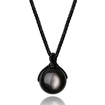 Image of COAI Round Bead Silver Sheen Obsidian Simple Stone Pendant Necklace for Women Men