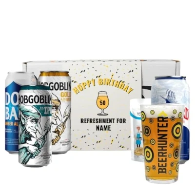 Image of Beer Hunter Personalised Birthday British Real Ale Gift Set Box with Glass (4 x 440ml Cans), Pack of 5