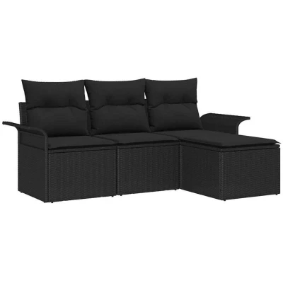 Image of vidaXL 4 Piece Garden Sofa Set with Cushions Black Poly Rattan
