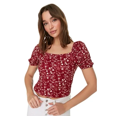 Image of Trendyol Women Slim fit Basic Square Collar Knitted Blouse Burgundy