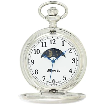 Image of Ravel Full Hunter Moon Phase Pocket Watch Silver Tone