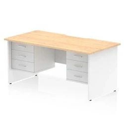 Image of Impulse 1600 x 800mm Scalloped Edge Straight Office Desk Maple Top White Panel End Leg Workstation 2 3 Drawer Fixed Pedestal