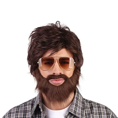 Image of Mens Brown Hangover Wig Beard Moustache Kit Film Stag Do Party Fancy Dress Costume Outfit Accessory