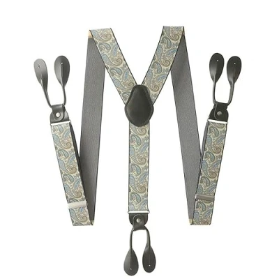 Image of WILsem Vintage Suspenders Men Button End Black PU Leather Trimmed Y Back Adjustable Elastic Trouser Braces Strap Belt
