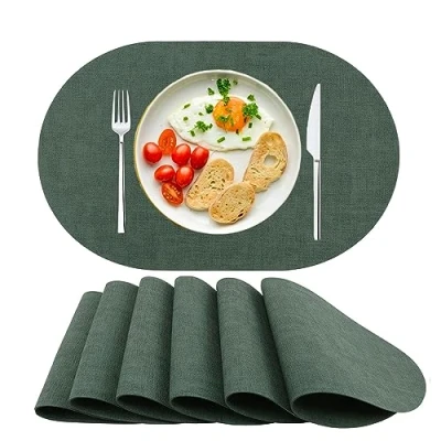 Image of Placemats PU Leather Place Mats Washable Heat Resistant Table Set of 6 Non Slip for Dining Kitchen Oval Green