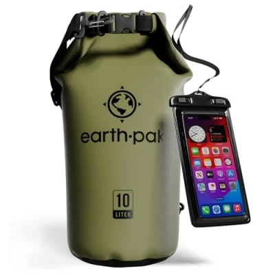 Image of Earth Pak Waterproof Dry Bag Roll Top Sack Keeps Gear for Boating, Hiking, Camping and Fishing with Phone Case (Green, 10L)